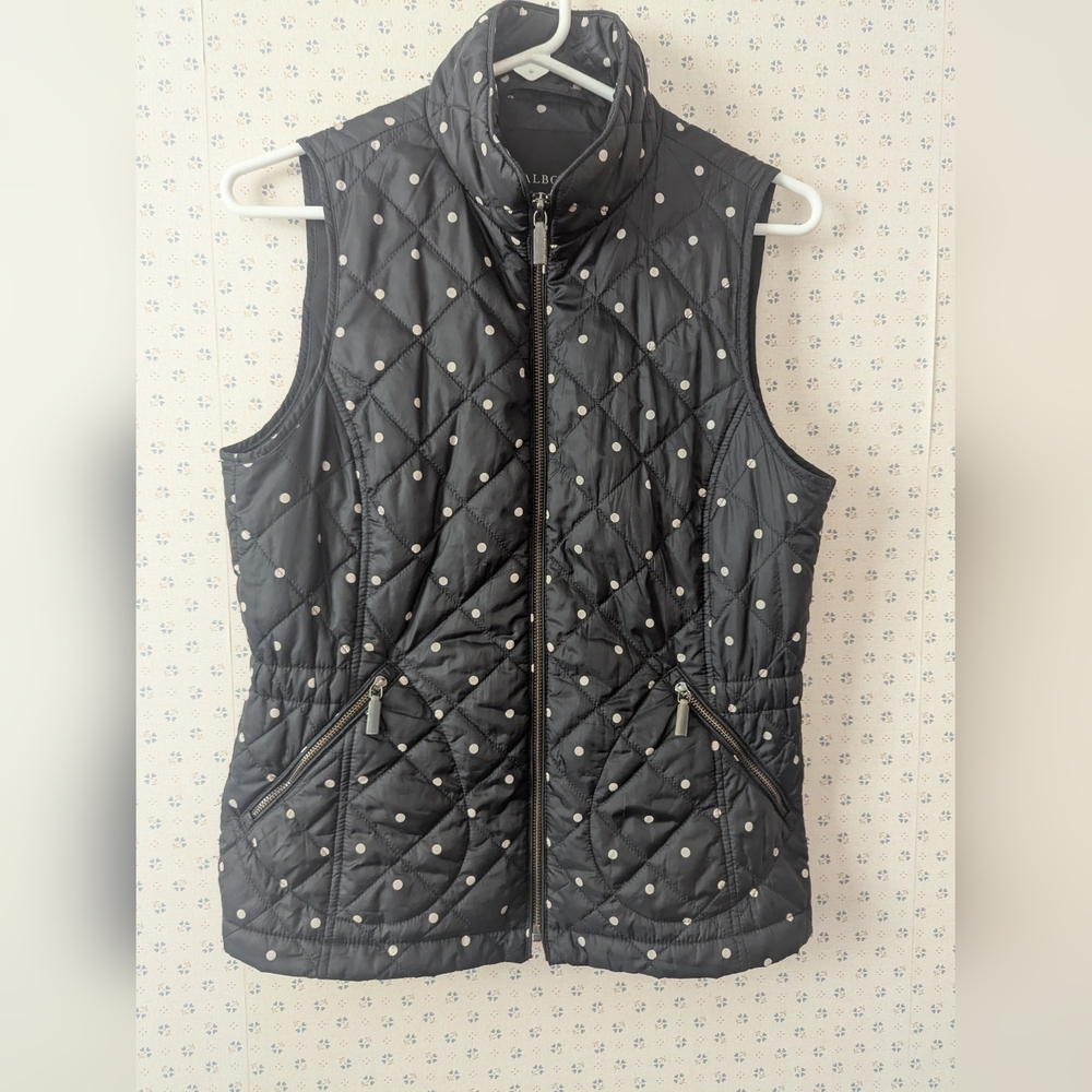 🖤 Talbots Black Quilted Vest with White Polka Dots Full Metal Zip